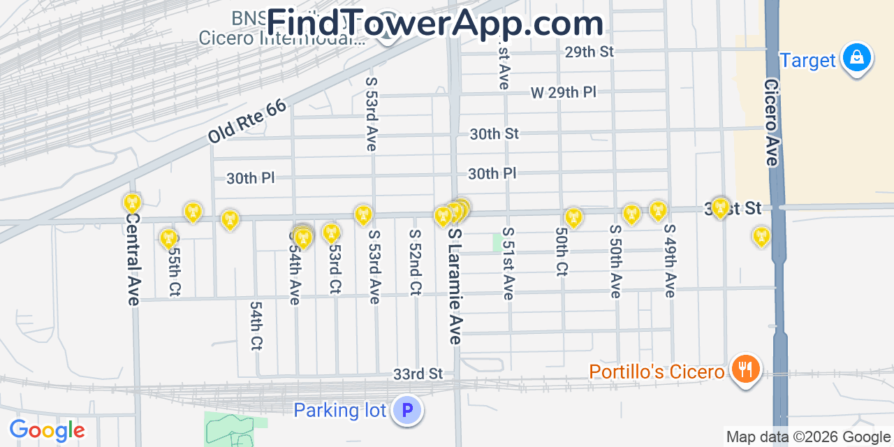 Map showing the 20 primary cell tower locations detected in Cicero, Illinois from AT&T, Verizon, and T-Mobile networks