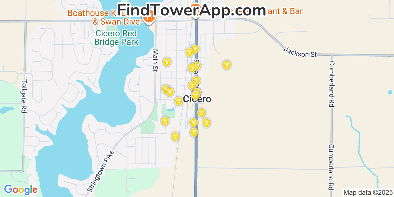 Map showing the 20 primary cell tower locations detected in Cicero, Indiana from AT&T, Verizon, and T-Mobile networks