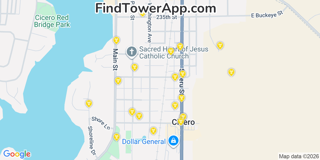 Map showing the 20 primary cell tower locations detected in Cicero, Indiana from AT&T, Verizon, and T-Mobile networks