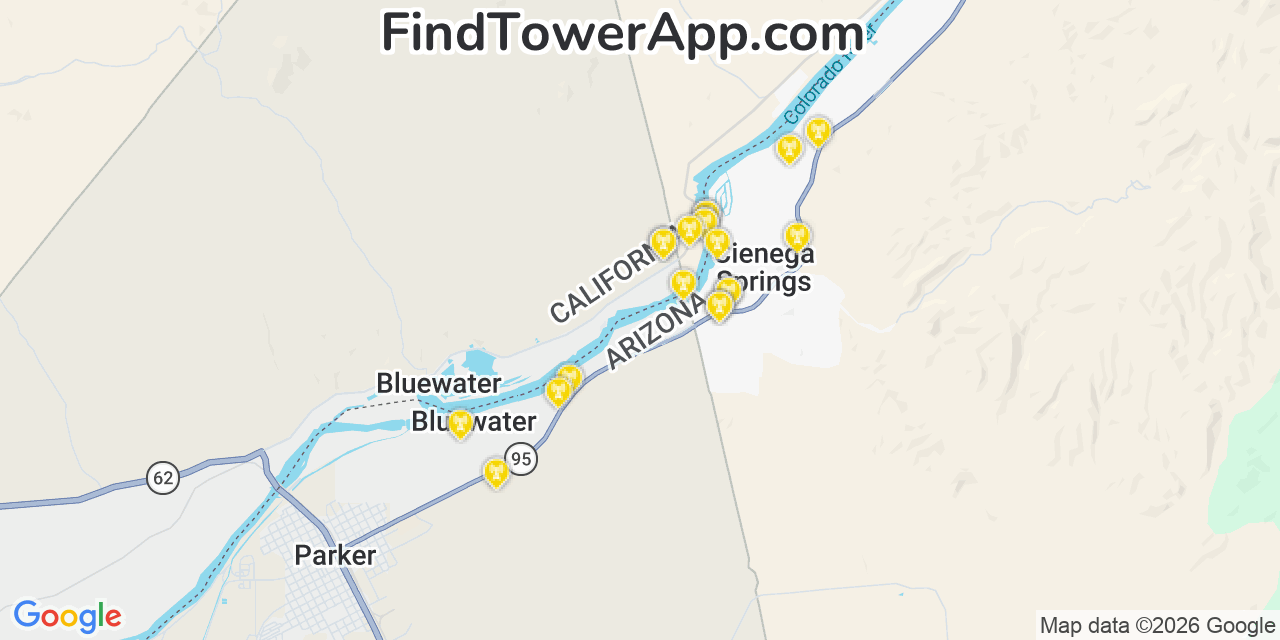 Map showing the 20 primary cell tower locations detected in Cienega Springs, Arizona from AT&T, Verizon, and T-Mobile networks
