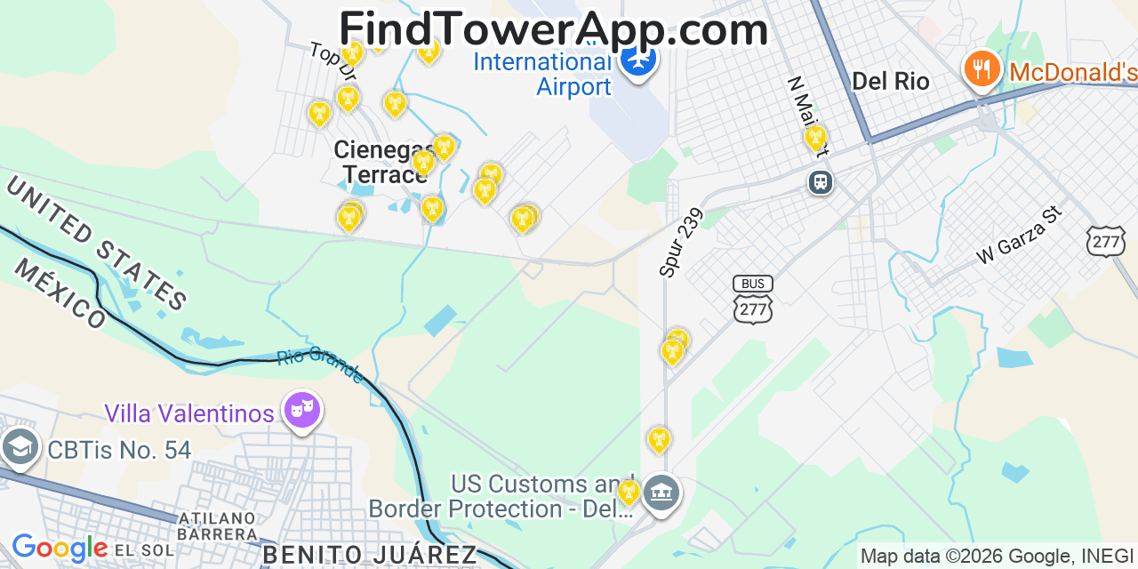 Map showing the 20 primary cell tower locations detected in Cienegas Terrace, Texas from AT&T, Verizon, and T-Mobile networks