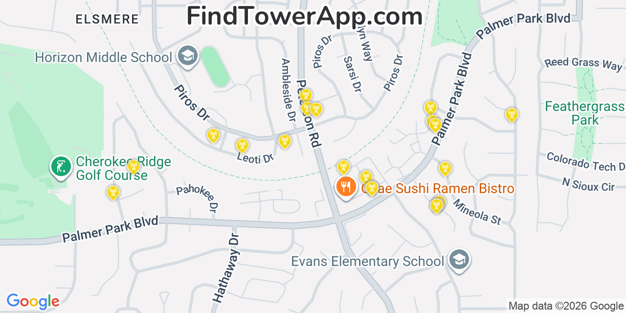 Map showing the 20 primary cell tower locations detected in Cimarron Hills, Colorado from AT&T, Verizon, and T-Mobile networks