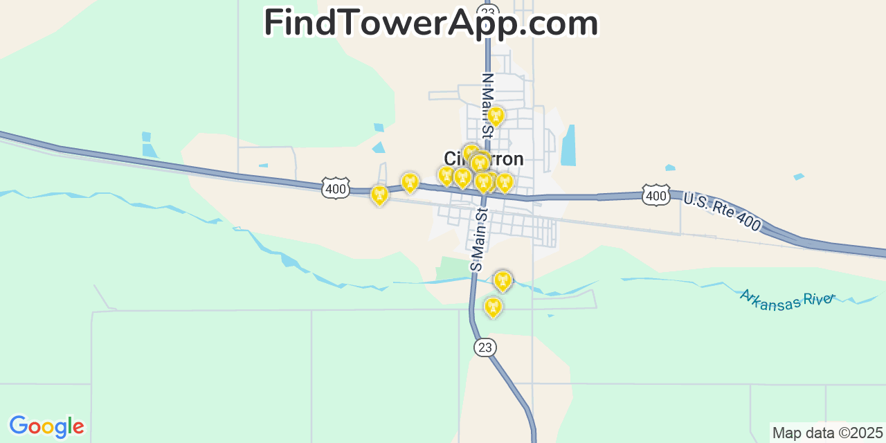 Map showing the 20 primary cell tower locations detected in Cimarron, Kansas from AT&T, Verizon, and T-Mobile networks