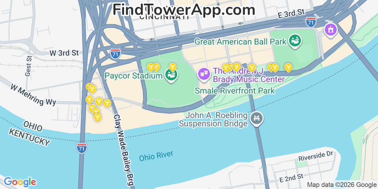 Map showing the 20 primary cell tower locations detected in Cincinnati, Ohio from AT&T, Verizon, and T-Mobile networks