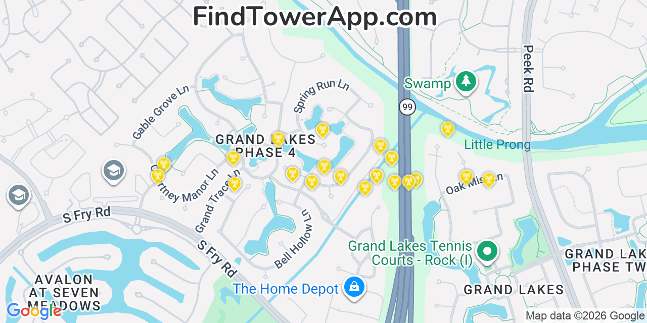 Map showing the 20 primary cell tower locations detected in Cinco Ranch, Texas from AT&T, Verizon, and T-Mobile networks