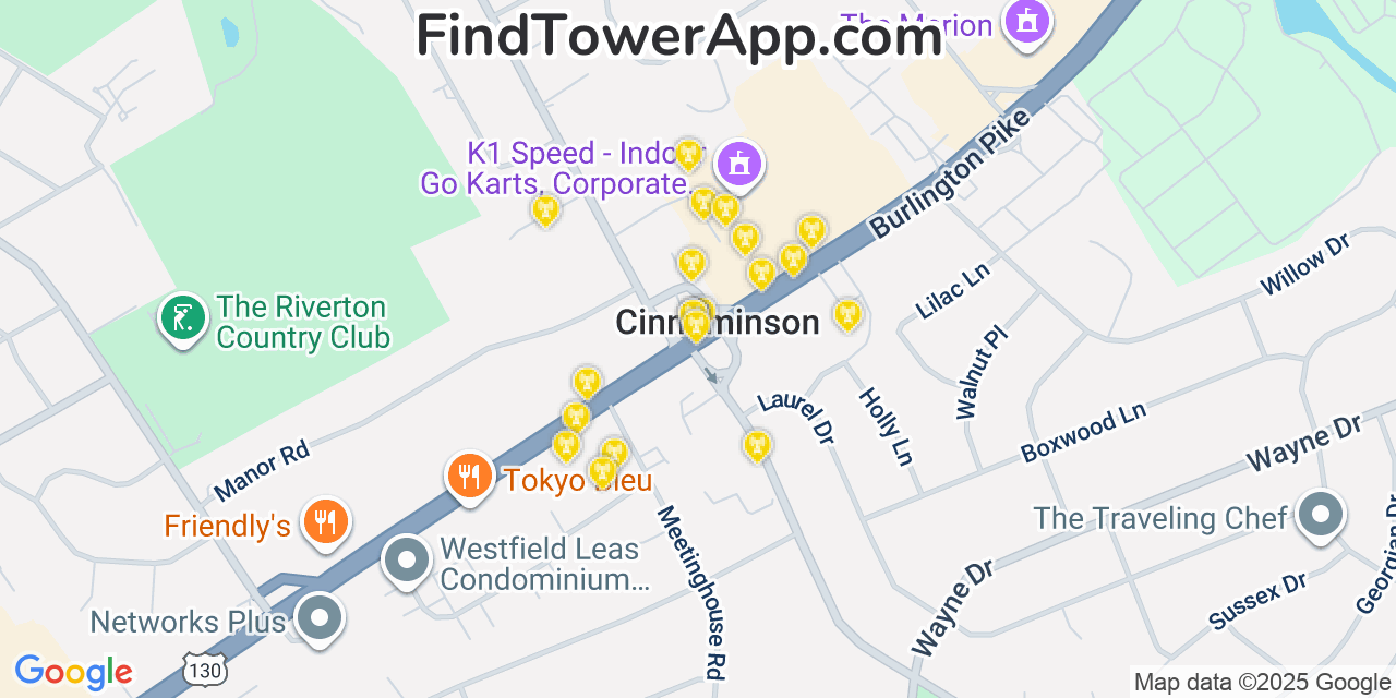 Map showing the 20 primary cell tower locations detected in Cinnaminson, New Jersey from AT&T, Verizon, and T-Mobile networks