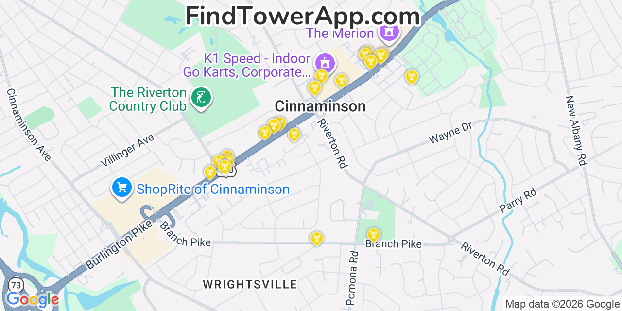 Map showing the 20 primary cell tower locations detected in Cinnaminson, New Jersey from AT&T, Verizon, and T-Mobile networks
