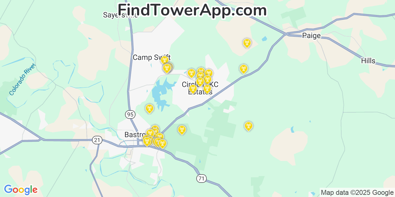 Map showing the 28 primary AT&T cell tower locations detected in Circle D Kc Estates, Texas with coverage radius and signal strength indicators