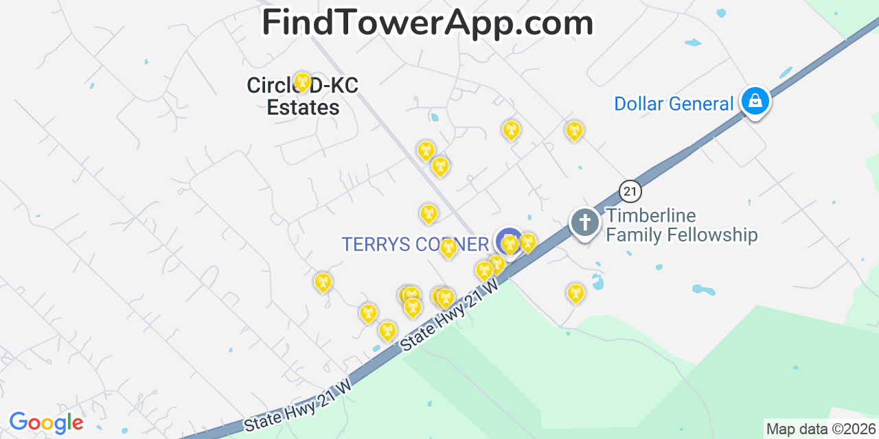 Map showing the 20 primary cell tower locations detected in Circle D Kc Estates, Texas from AT&T, Verizon, and T-Mobile networks