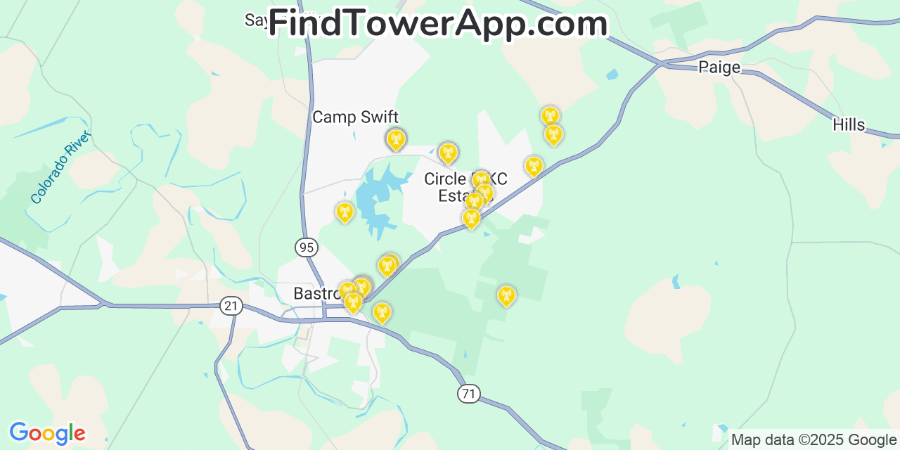 Map showing the 23 primary T-Mobile cell tower locations detected in Circle D Kc Estates, Texas with coverage radius and signal strength indicators