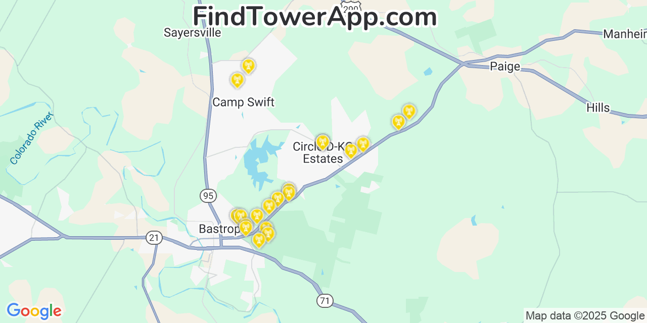 Map showing the 20 primary Verizon cell tower locations detected in Circle D Kc Estates, Texas with coverage radius and signal strength indicators