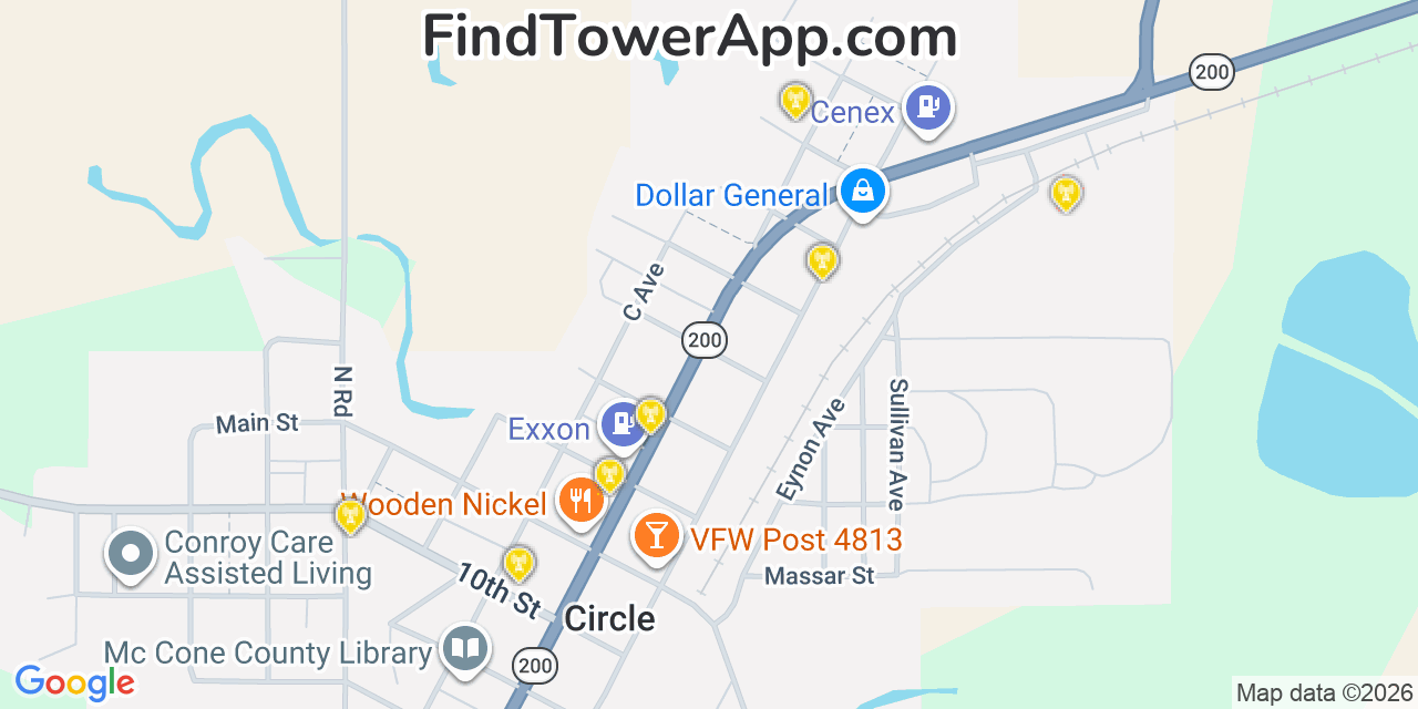 Map showing the 20 primary cell tower locations detected in Circle, Montana from AT&T, Verizon, and T-Mobile networks