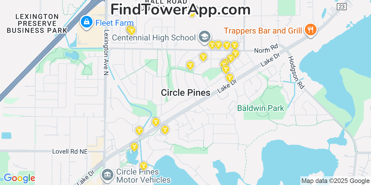 Map showing the 20 primary cell tower locations detected in Circle Pines, Minnesota from AT&T, Verizon, and T-Mobile networks
