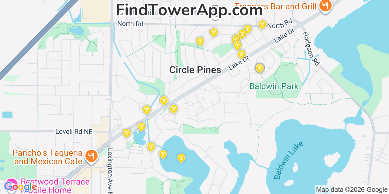 Map showing the 20 primary cell tower locations detected in Circle Pines, Minnesota from AT&T, Verizon, and T-Mobile networks