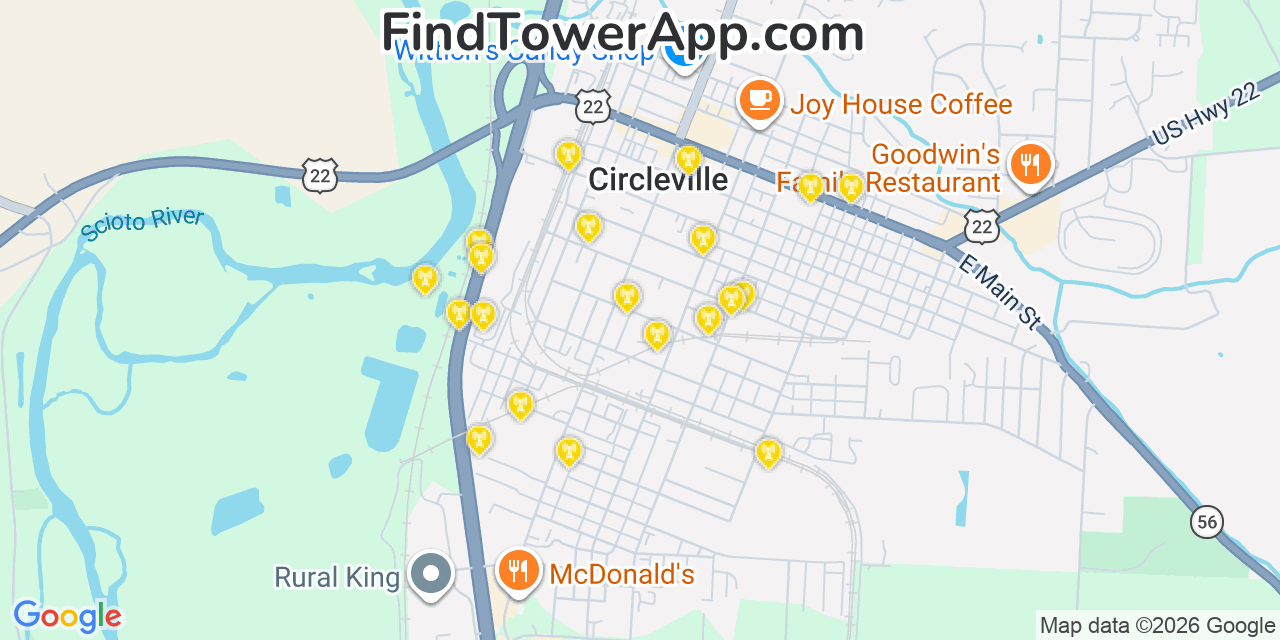 Map showing the 20 primary cell tower locations detected in Circleville, Ohio from AT&T, Verizon, and T-Mobile networks