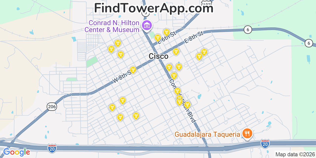 Map showing the 20 primary cell tower locations detected in Cisco, Texas from AT&T, Verizon, and T-Mobile networks