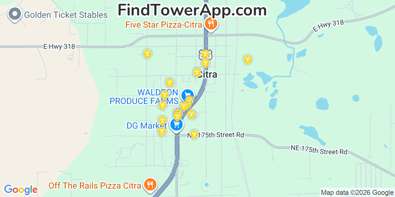 Map showing the 20 primary cell tower locations detected in Citra, Florida from AT&T, Verizon, and T-Mobile networks