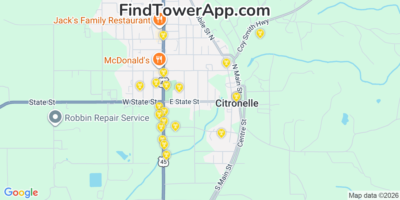 Map showing the 20 primary cell tower locations detected in Citronelle, Alabama from AT&T, Verizon, and T-Mobile networks