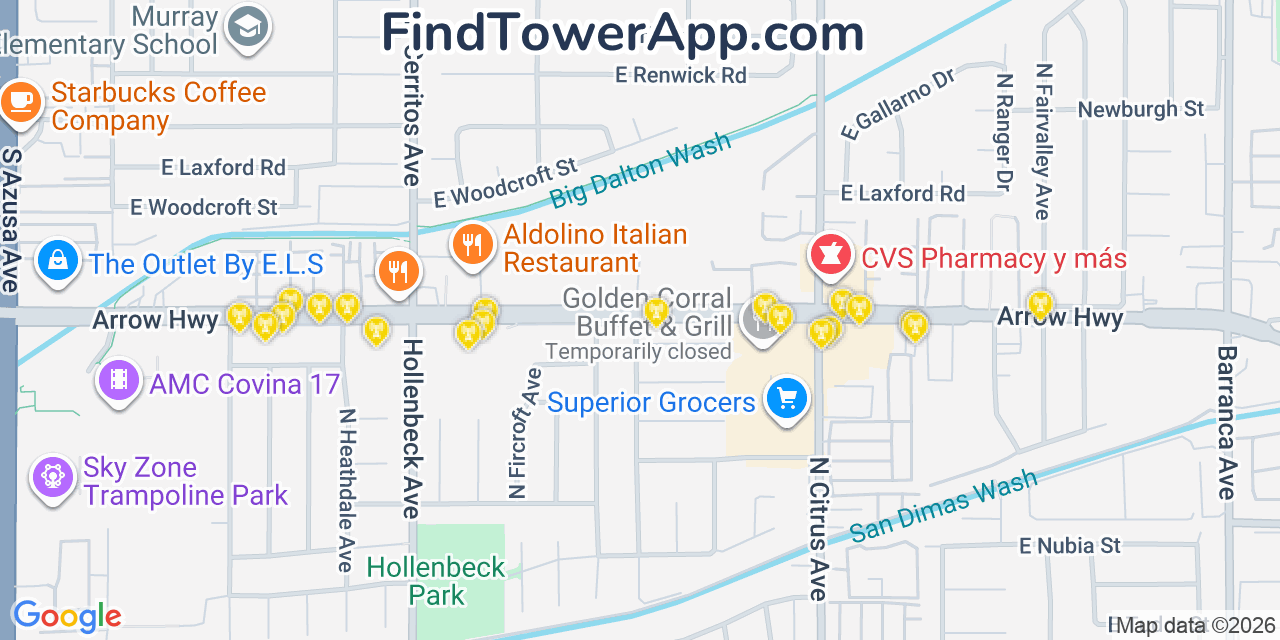 Map showing the 20 primary cell tower locations detected in Citrus, California from AT&T, Verizon, and T-Mobile networks