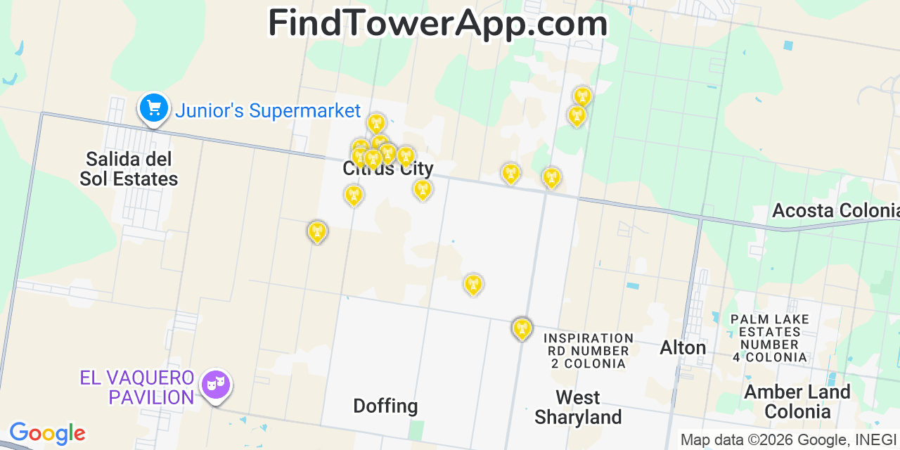 Map showing the 20 primary cell tower locations detected in Citrus City, Texas from AT&T, Verizon, and T-Mobile networks