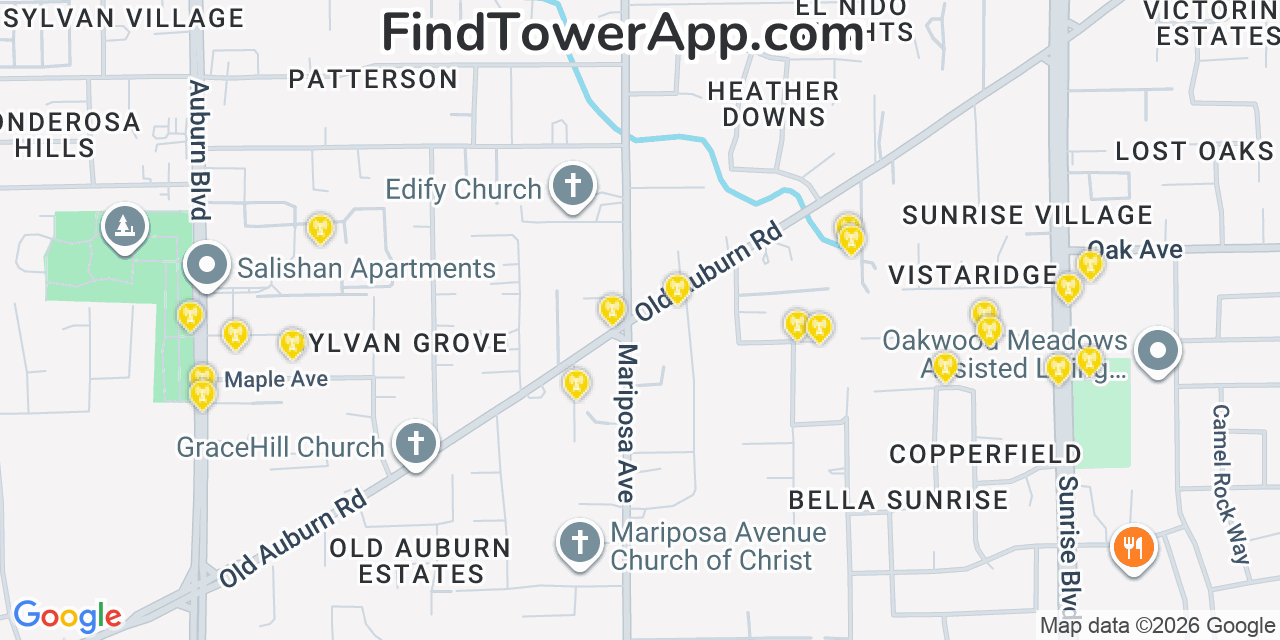 Map showing the 20 primary cell tower locations detected in Citrus Heights, California from AT&T, Verizon, and T-Mobile networks