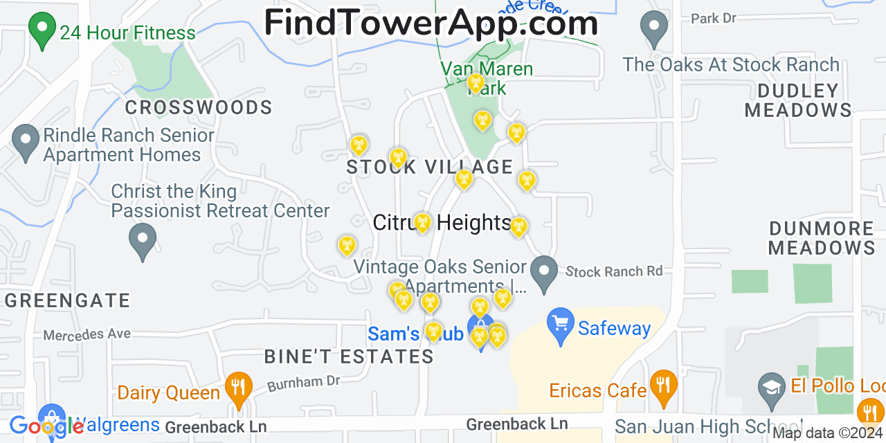 Verizon 4G/5G cell tower coverage map Citrus Heights, California