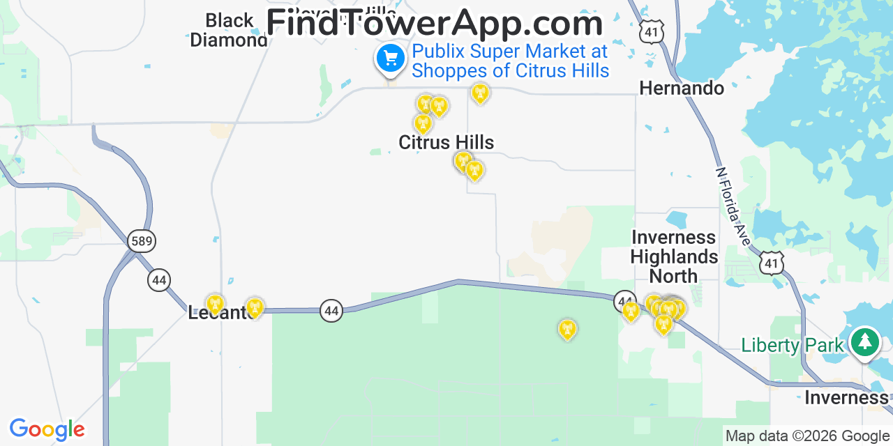 Map showing the 20 primary cell tower locations detected in Citrus Hills, Florida from AT&T, Verizon, and T-Mobile networks