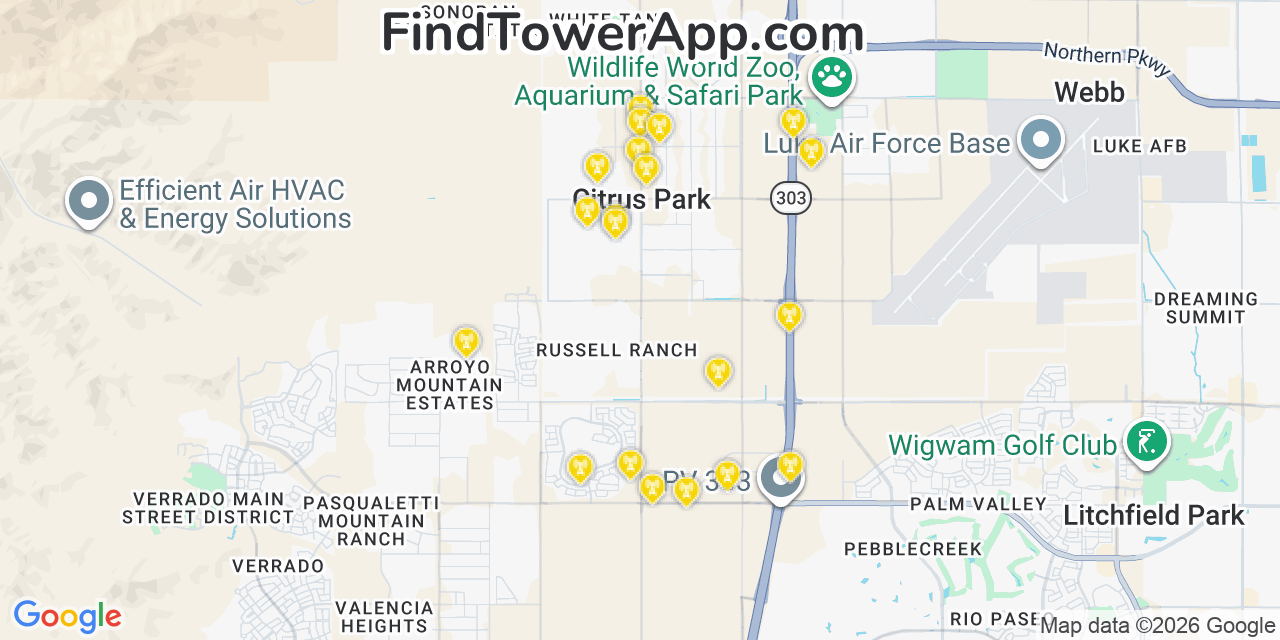 Map showing the 20 primary cell tower locations detected in Citrus Park, Arizona from AT&T, Verizon, and T-Mobile networks