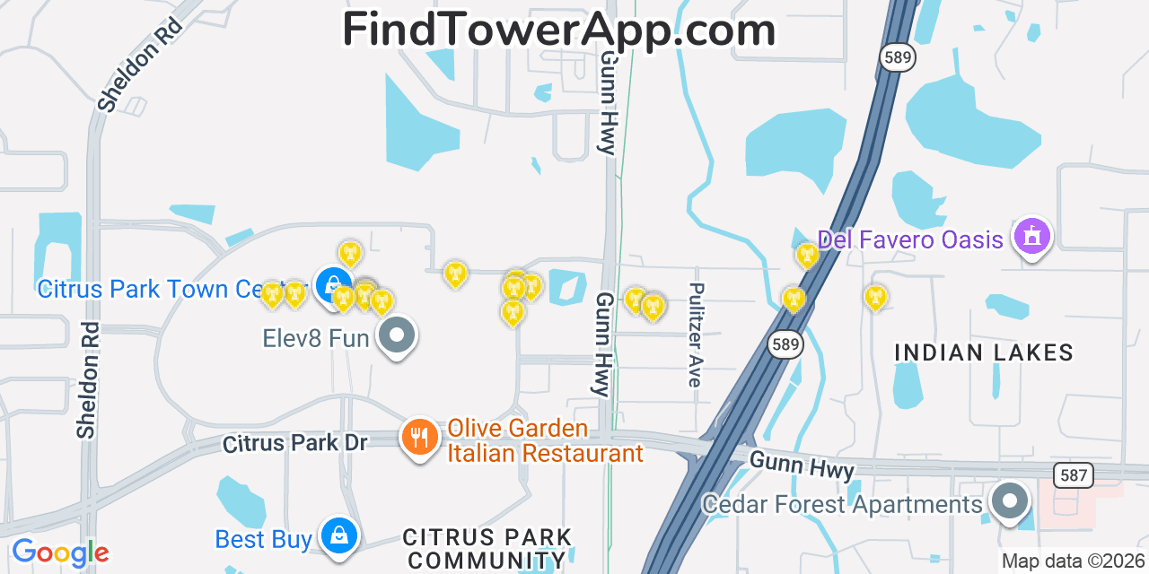 Map showing the 20 primary cell tower locations detected in Citrus Park, Florida from AT&T, Verizon, and T-Mobile networks