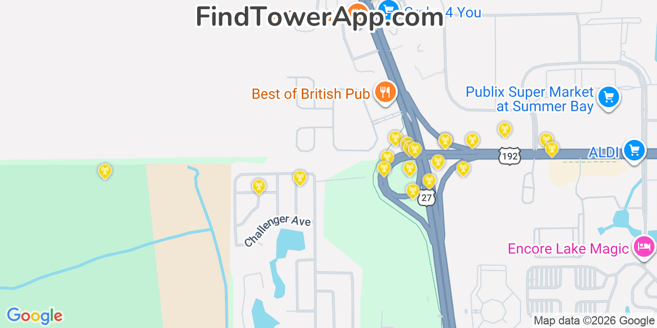 Map showing the 20 primary cell tower locations detected in Citrus Ridge, Florida from AT&T, Verizon, and T-Mobile networks