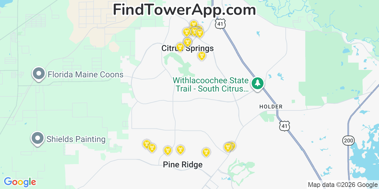 Map showing the 20 primary cell tower locations detected in Citrus Springs, Florida from AT&T, Verizon, and T-Mobile networks