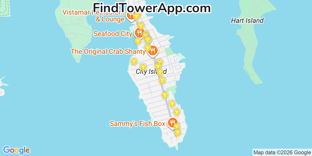 Map showing the 20 primary cell tower locations detected in City Island, New York from AT&T, Verizon, and T-Mobile networks