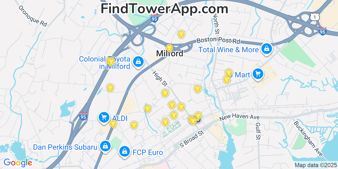 Map showing the 20 primary AT&T cell tower locations detected in City Of Milford (balance), Connecticut with coverage radius and signal strength indicators