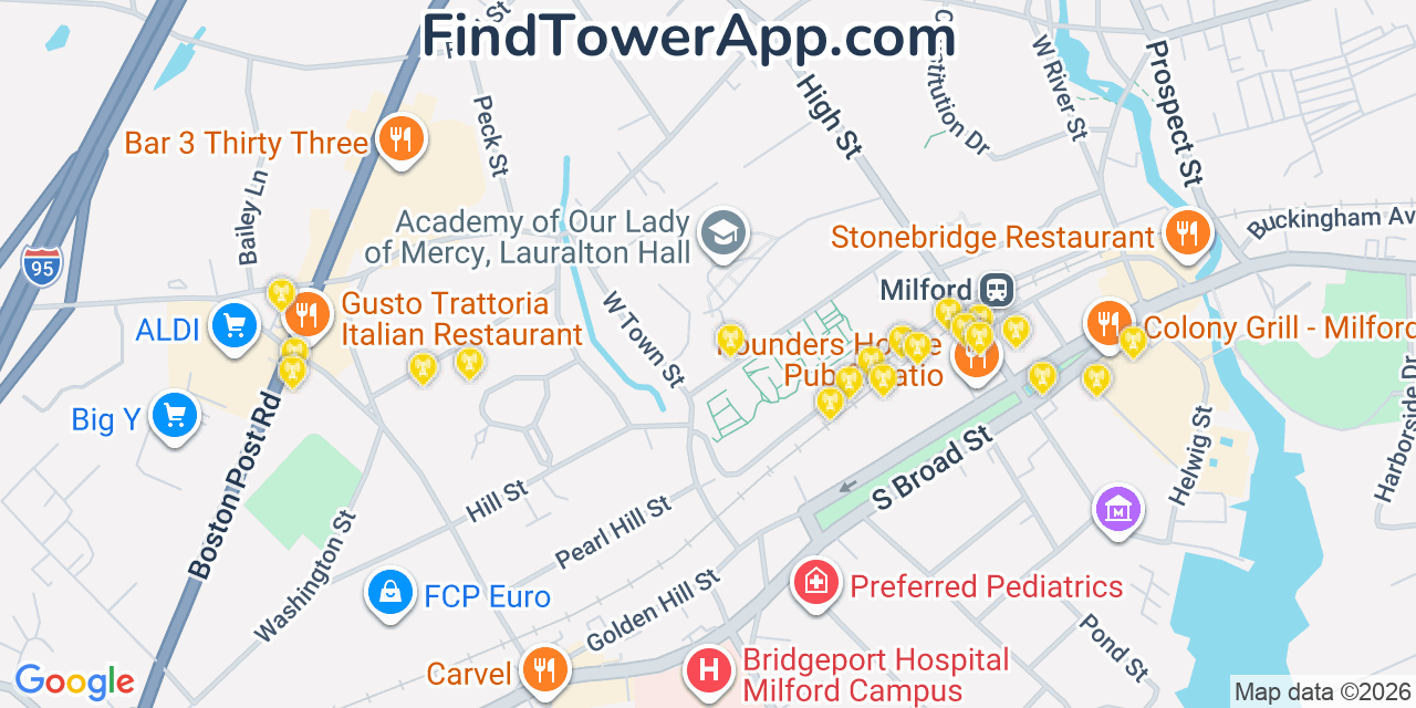 Map showing the 20 primary cell tower locations detected in City Of Milford (balance), Connecticut from AT&T, Verizon, and T-Mobile networks
