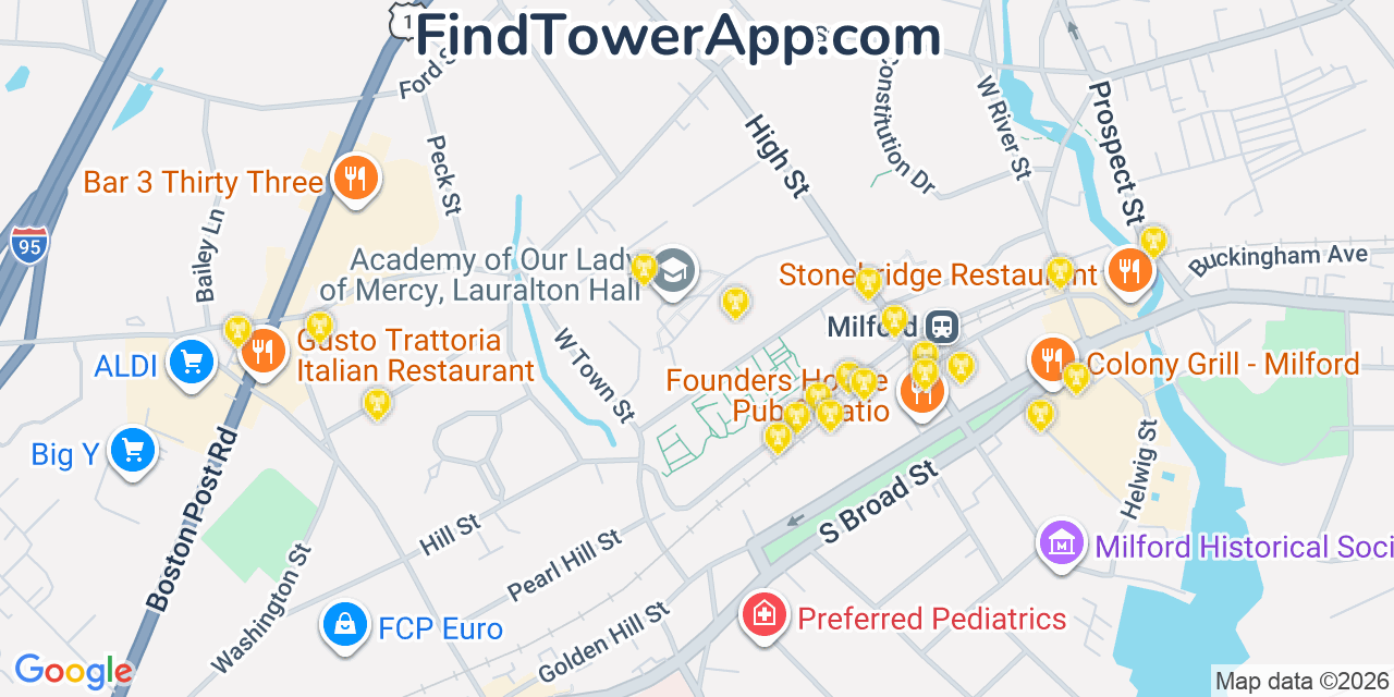 Map showing the 20 primary T-Mobile cell tower locations detected in City Of Milford (balance), Connecticut with coverage radius and signal strength indicators