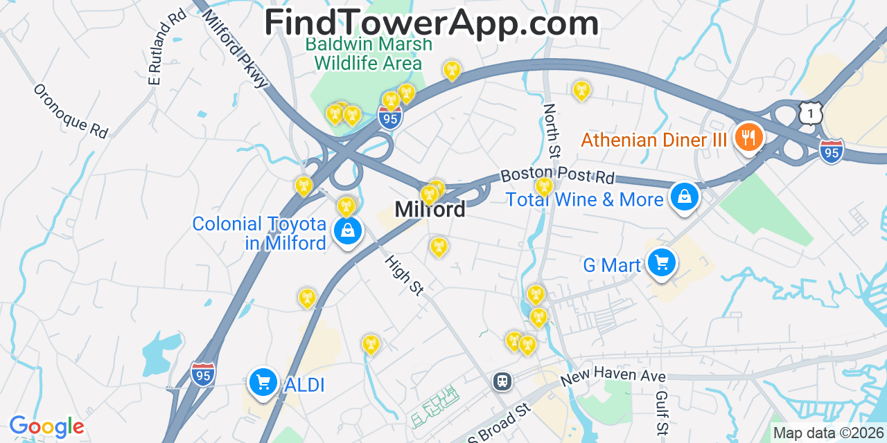 Map showing the 20 primary Verizon cell tower locations detected in City Of Milford (balance), Connecticut with coverage radius and signal strength indicators