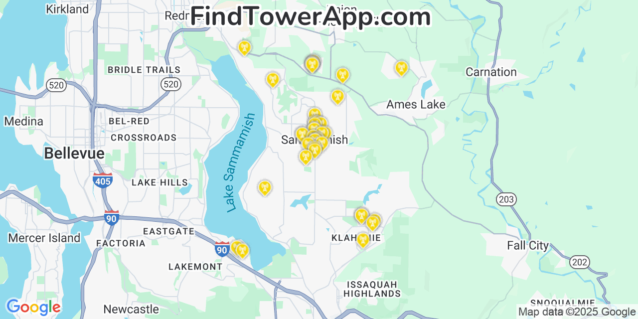 Map showing the 36 primary AT&T cell tower locations detected in City Of Sammamish, Washington with coverage radius and signal strength indicators