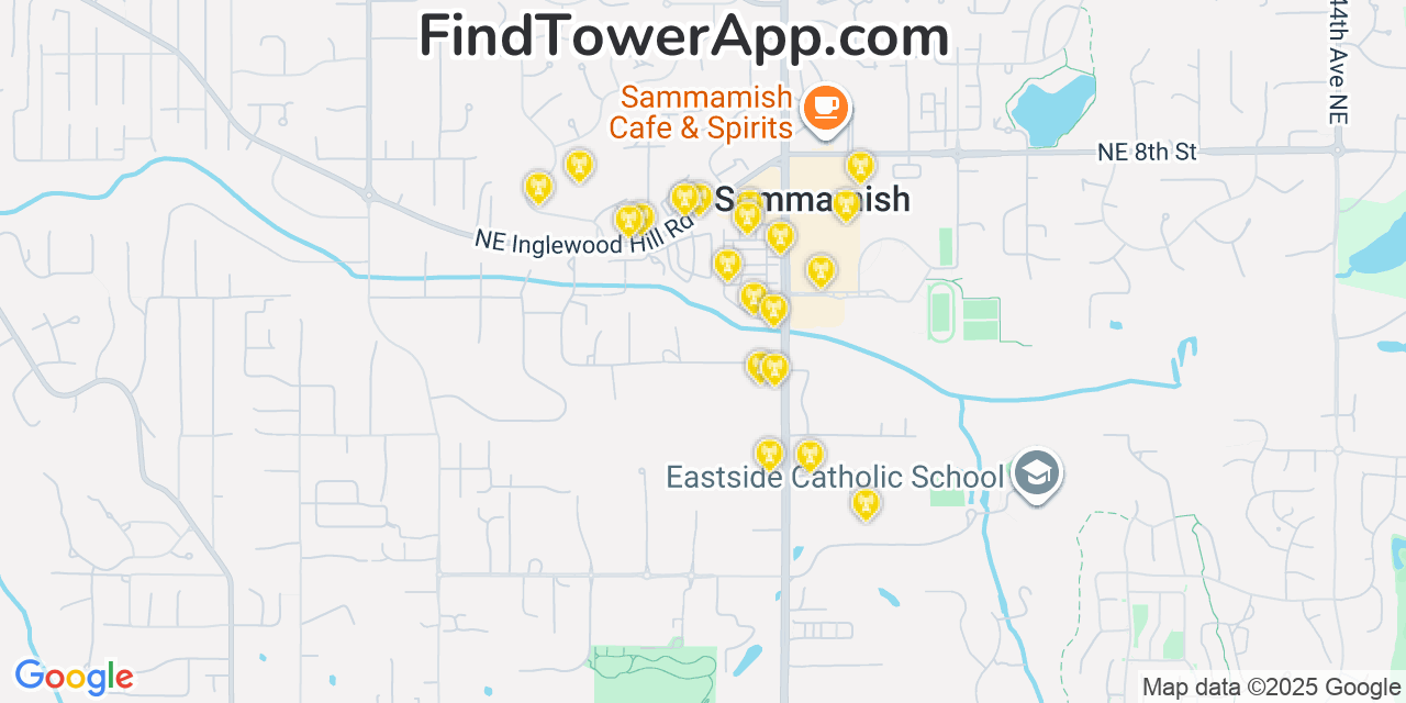 Map showing the 35 primary T-Mobile cell tower locations detected in City Of Sammamish, Washington with coverage radius and signal strength indicators