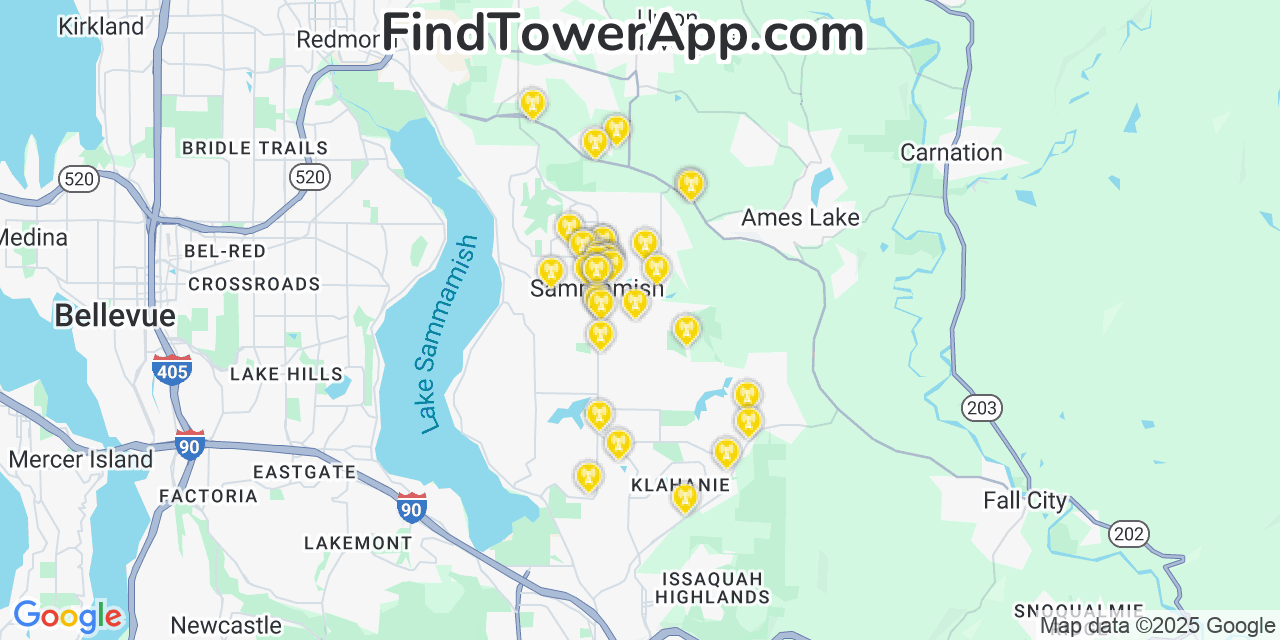 Map showing the 27 primary Verizon cell tower locations detected in City Of Sammamish, Washington with coverage radius and signal strength indicators