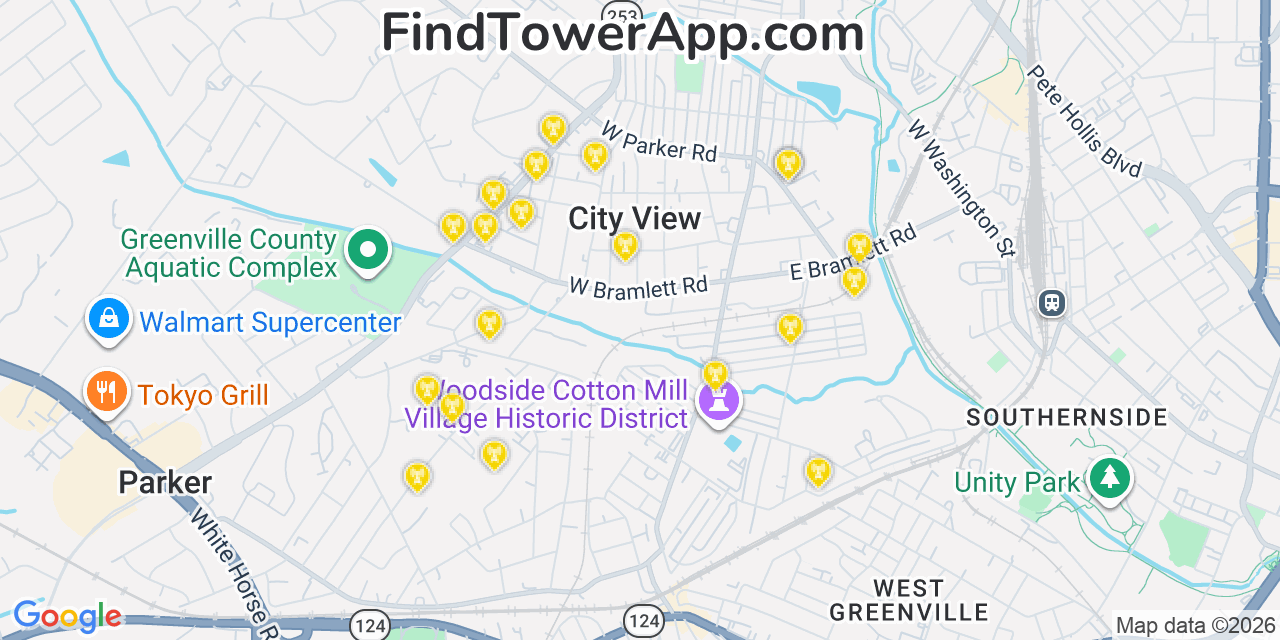 Map showing the 20 primary cell tower locations detected in City View, South Carolina from AT&T, Verizon, and T-Mobile networks