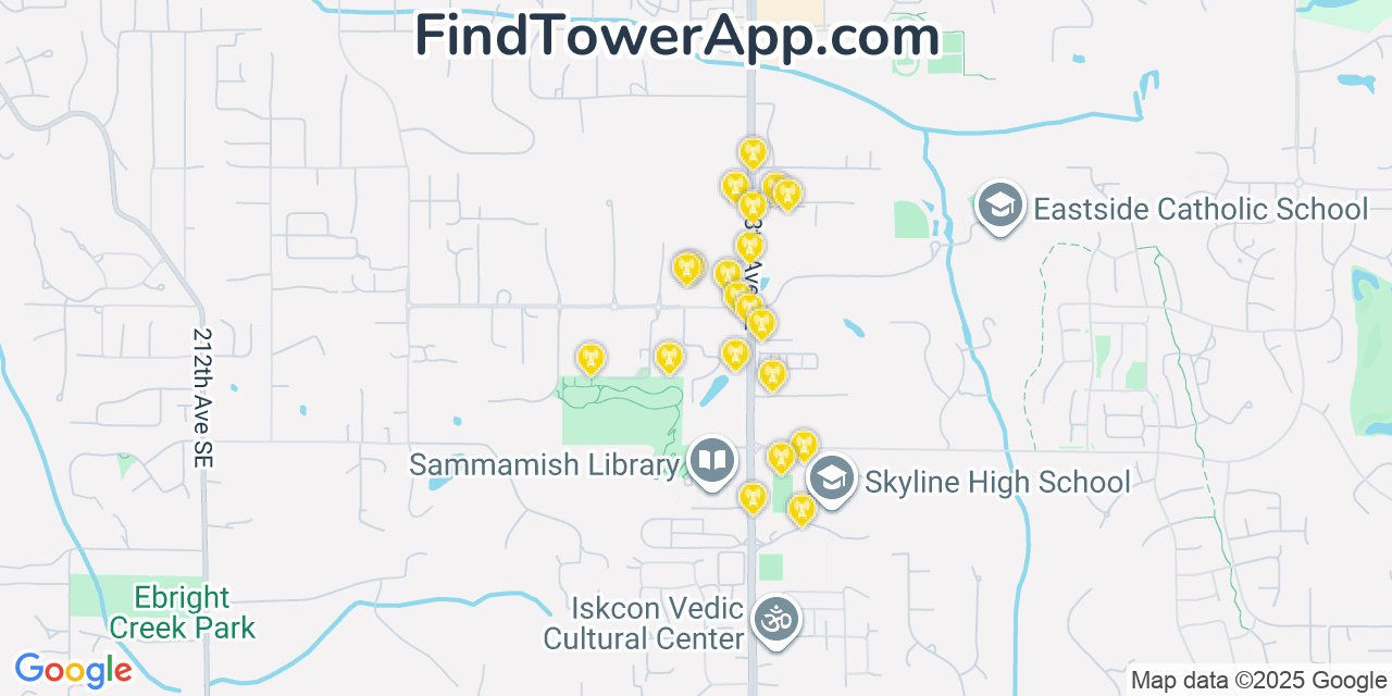 Map showing the 20 primary cell tower locations detected in City of Sammamish, Washington from AT&T, Verizon, and T-Mobile networks