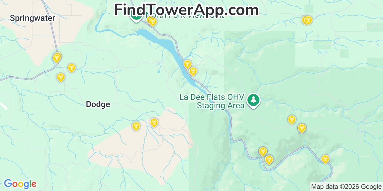 Map showing the 20 primary cell tower locations detected in Clackamas, Oregon from AT&T, Verizon, and T-Mobile networks