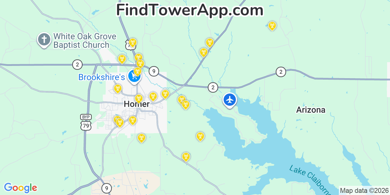 Map showing the 20 primary cell tower locations detected in Claiborne, Louisiana from AT&T, Verizon, and T-Mobile networks