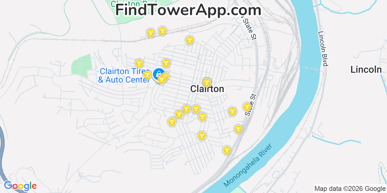 Map showing the 20 primary cell tower locations detected in Clairton, Pennsylvania from AT&T, Verizon, and T-Mobile networks