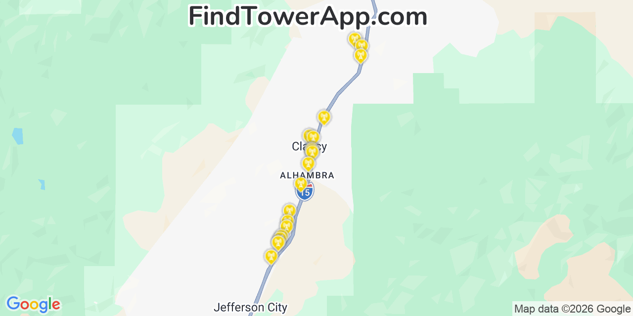 Map showing the 20 primary cell tower locations detected in Clancy, Montana from AT&T, Verizon, and T-Mobile networks