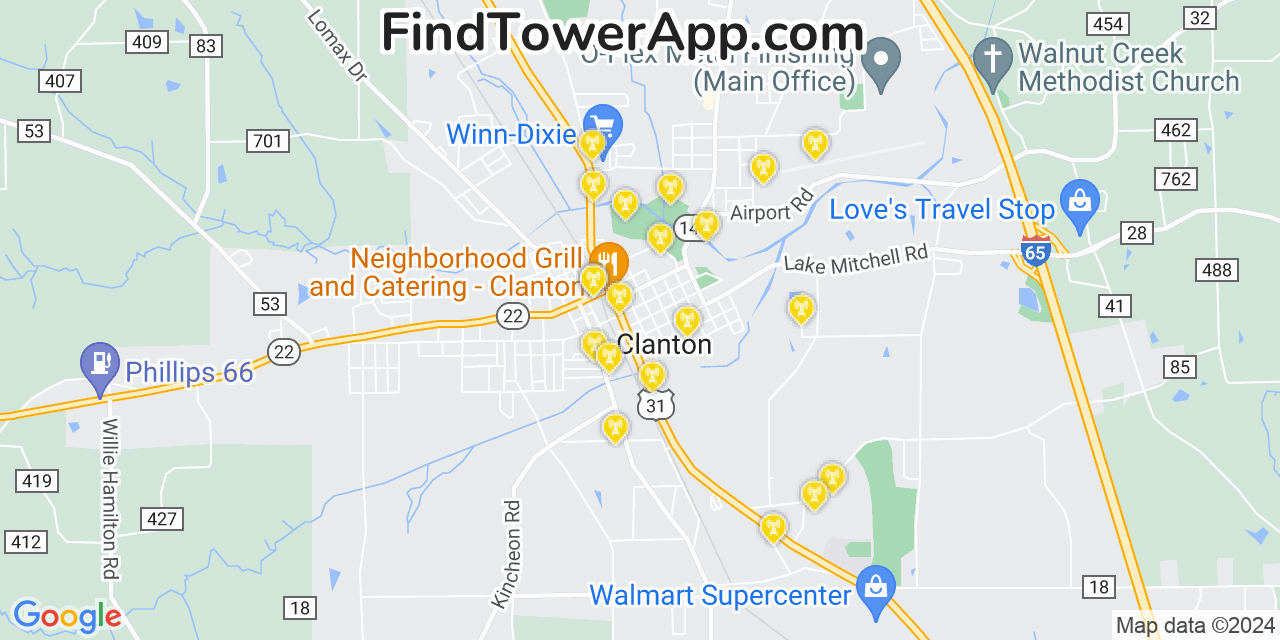AT&T 4G/5G cell tower coverage map Clanton, Alabama
