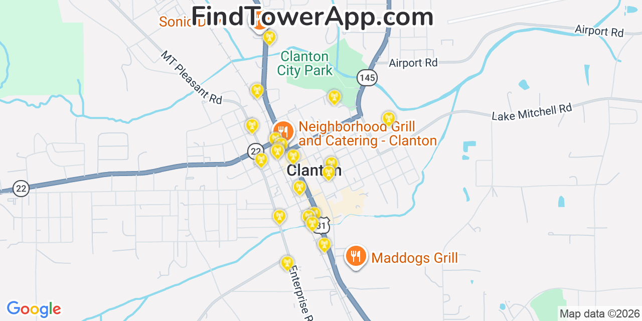 Map showing the 20 primary cell tower locations detected in Clanton, Alabama from AT&T, Verizon, and T-Mobile networks
