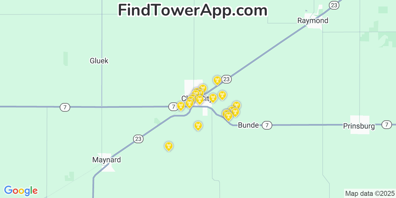 Map showing the 20 primary cell tower locations detected in Clara City, Minnesota from AT&T, Verizon, and T-Mobile networks