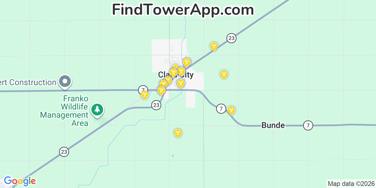 Map showing the 20 primary cell tower locations detected in Clara City, Minnesota from AT&T, Verizon, and T-Mobile networks