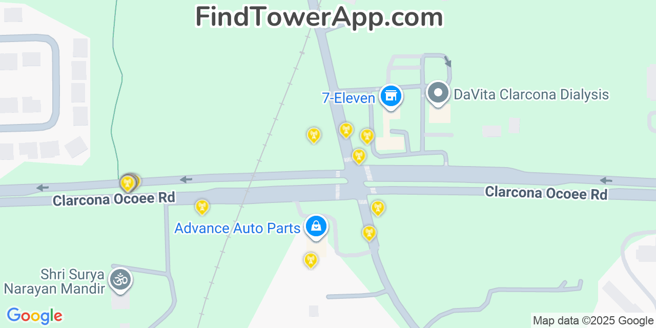 Map showing the 20 primary cell tower locations detected in Clarcona, Florida from AT&T, Verizon, and T-Mobile networks